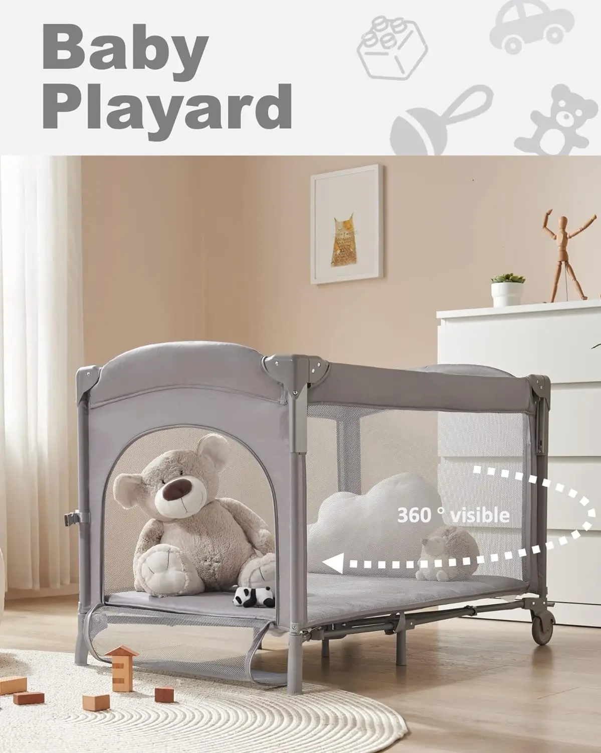 4 in 1 Baby Bassinet Bedside Sleeper, Baby Bedside Crib 4 Functions, Bedside Bassinet Crib Sleeper, Playard, Changing Table
