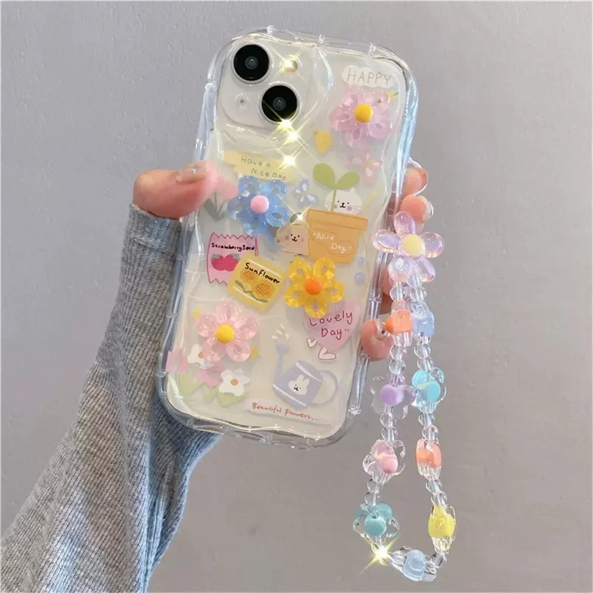 thumbnail image 1 of Funda transparente suave con cordón para teléfono con diseño de oso 3D coreano para iPhone 16, 15, 14 Pro Max, 11, 13, 12 Mini, XR, 8, 7 Plus, X, XS, SE, 1 of 5