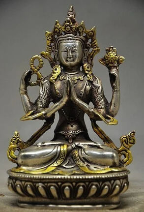 

Copper Brass CHINESE crafts Asian Exquisite Old Tibet Tibetan Gilt silver copper Arm Tara Buddha Statue 5.6"