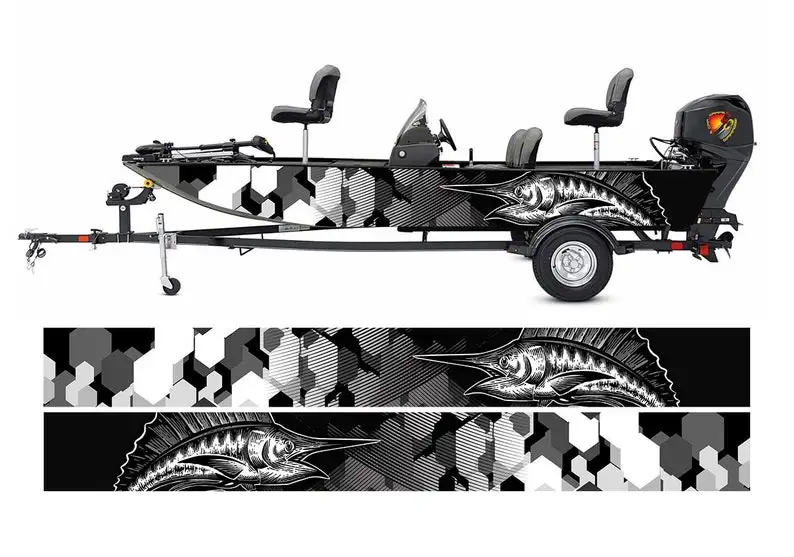 

Camo Black and White Marlin Fish Graphic Vinyl Boat Wrap Fishing Pontoon Sportsman Skiffs Bowriders Deck Boats Sea Water Watercr