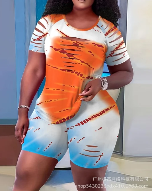 Women's casual short sleeved shorts set, 2024 summer new women's daily halo dyeing printed pocket patchwork set