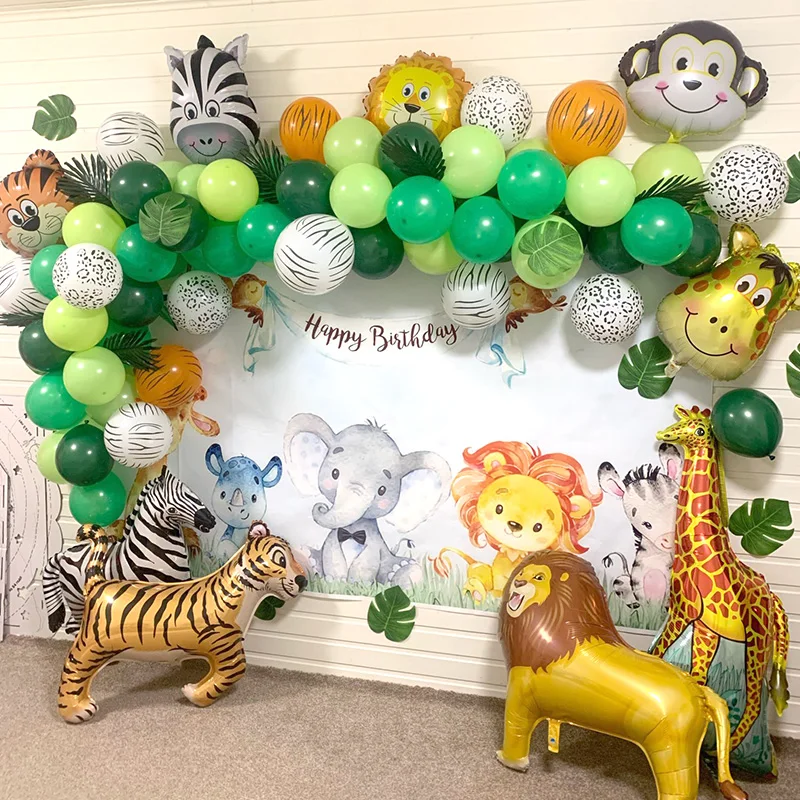 109pcs Jungle Safari Theme Party Balloon Garland Kit Animal Balloons Palm Leaves for Birthday