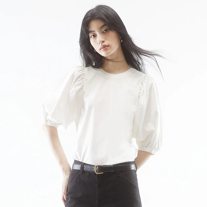 

New Women Blouse O Neck Elastic Bubble Sleeves Soild Simple Style Fashion Female Shirts Elegant Spring Commuting Women Blouse