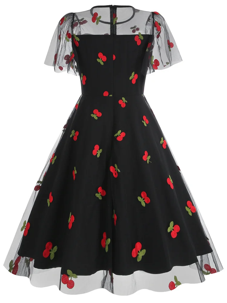 2025 Sweet Strawberry Embroidery Vintage Short Evening Dress Flare Sleeve  Black Pink High Waist Cocktail Pleated Prom Dresses - AliExpress 200000345