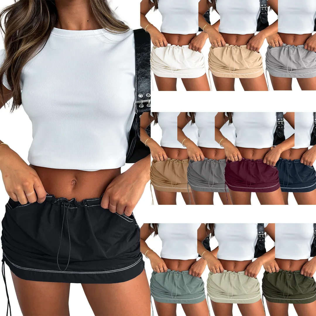 SKMY Womans Clothing Y2k Mini Skirt Solid Color Fashion Drawstring Pleated Spring Summer Casual Pocket Cargo Skirt Streetwear