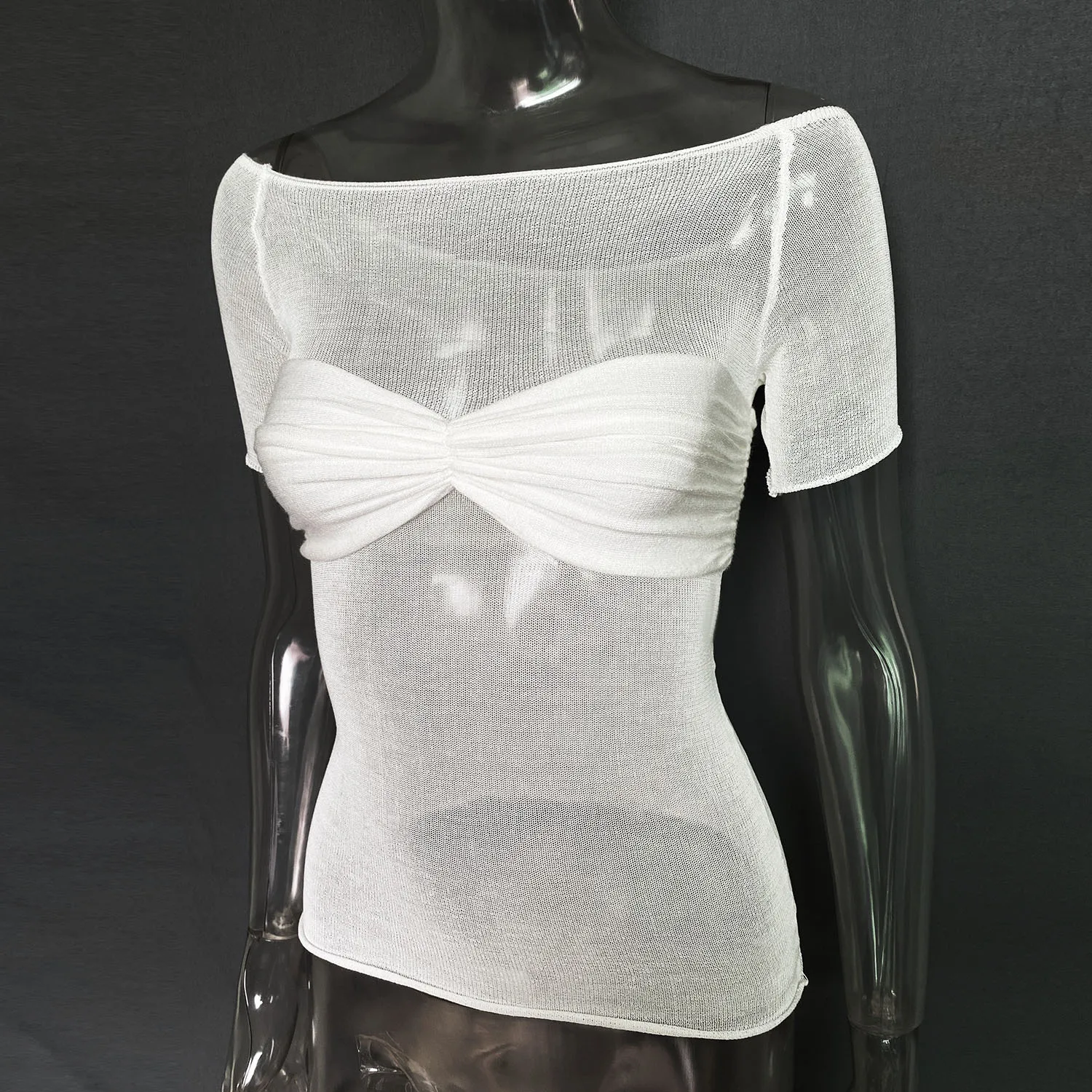 Short Sleeve Mesh Top Shirt For Women Off-Shoulder See-Through Knit Sexy Pullover Summer Sheer New 2025 Ladies T-shirt