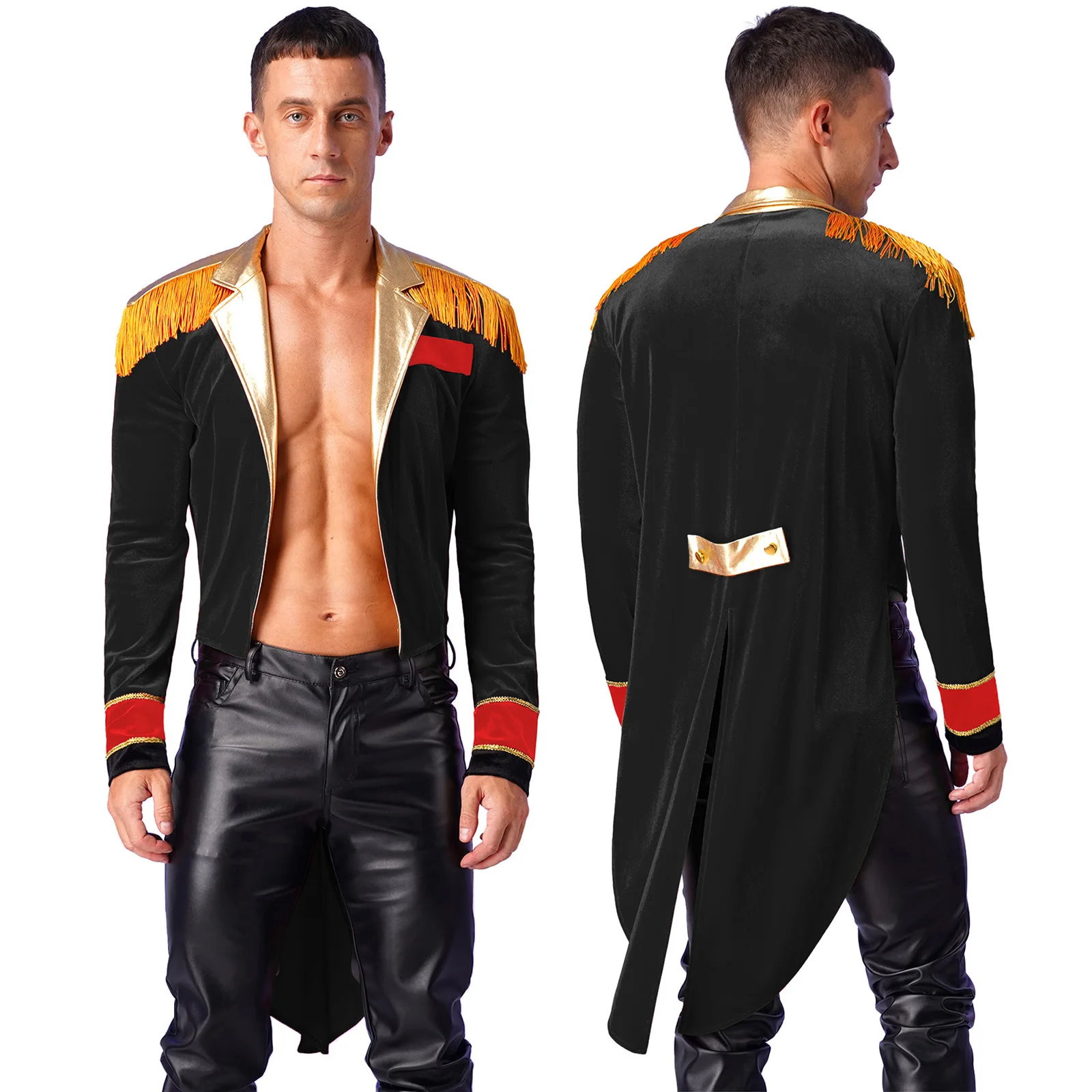 thumbnail image 1 of Disfraz de maestro de ceremonias de circo para hombre, chaqueta de showman con solapa metálica de manga larga, abrigo de cola de golondrina de terciopelo con borlas para Halloween, 1 of 5