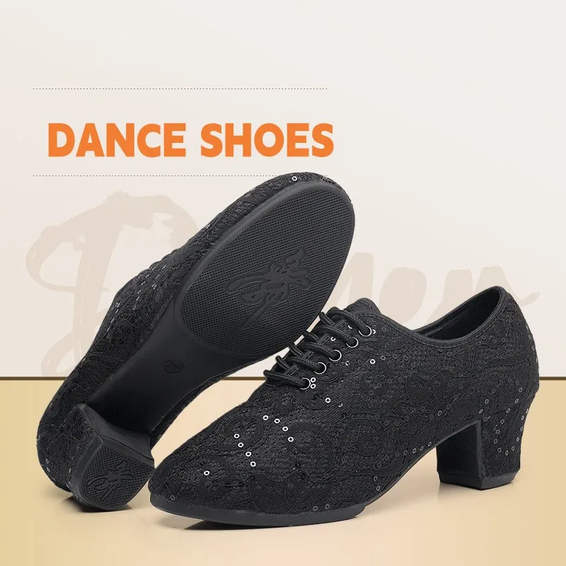 

New Arrival Women Lace Latin Dance Shoes Ladies Ballroom Jazz Modern Dancing Shoes Soft Rubber Sole 3cm/5cm Heel Black And White