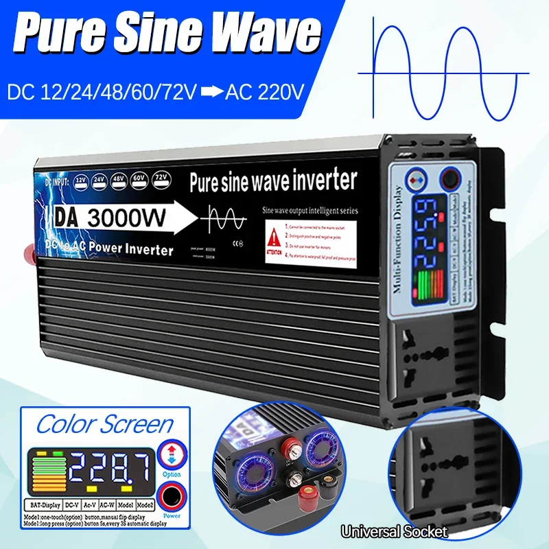 Inverter A Onda Sinusoidale Pura 12V 220V 3000W Trasformatore Converti Presa Multifunzione Convertitore Schermo A Colori Inverter Per Auto 12V-72V