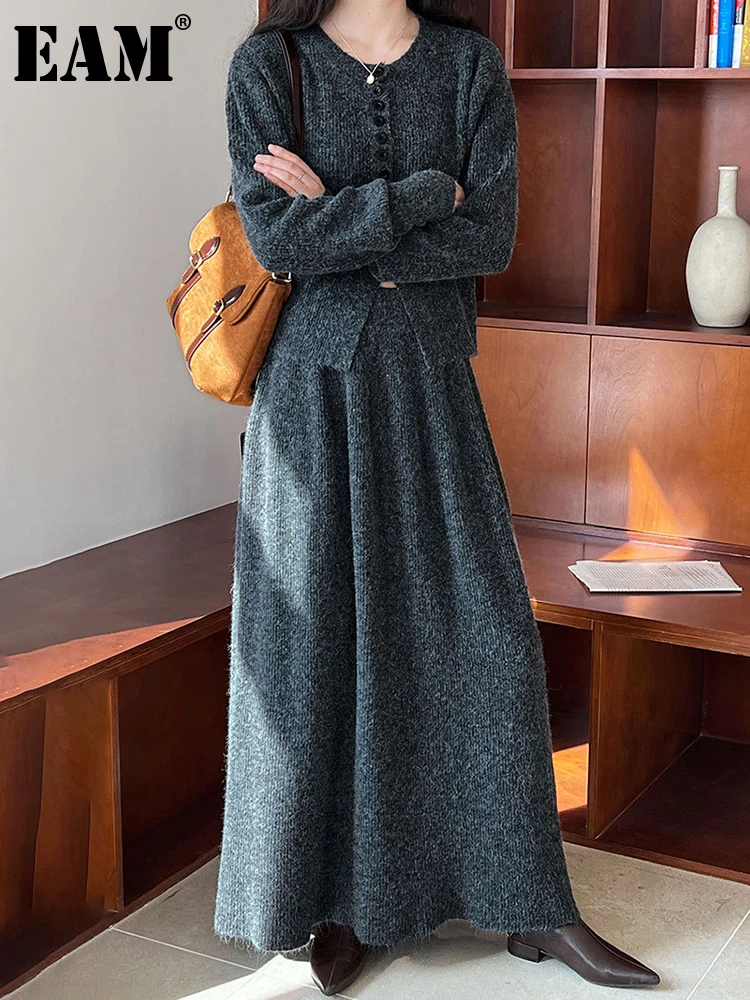 

[EAM] Knitiing Full Length Skirt 2 Pcs Suit New Round Neck Long Sleeve Beige Women Fashion Tide Spring Autumn 2024 1DH3560