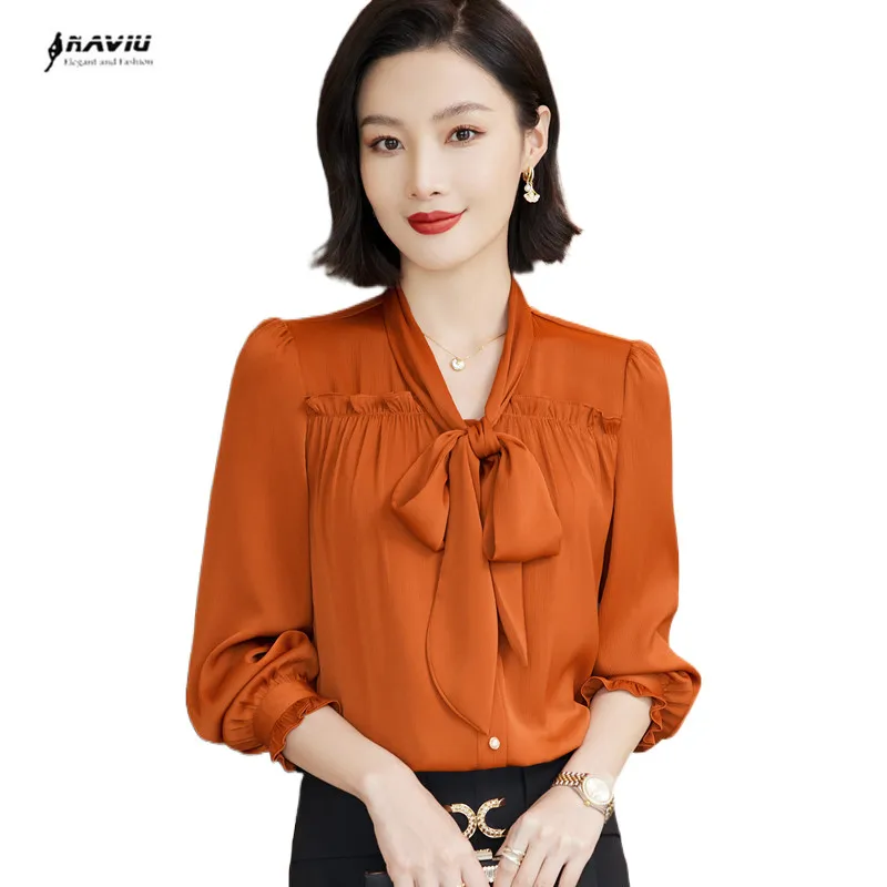 

NAVIU Bow Tie Ribbon Shirt Women 2023 New Long Sleeve Autumn Fashion Temperament Formal High End Blouses Office Lady Work Tops