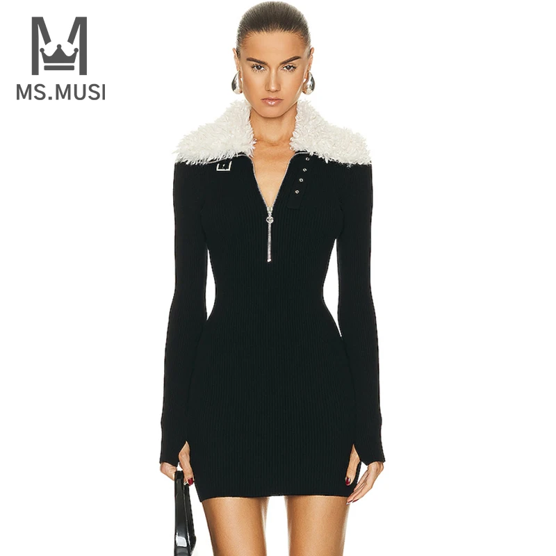 

Новинка 2024, модное женское сексуальное облегающее мини-платье MSMUSI с меховым воротником, отложным воротником, молнией и длинным рукавом