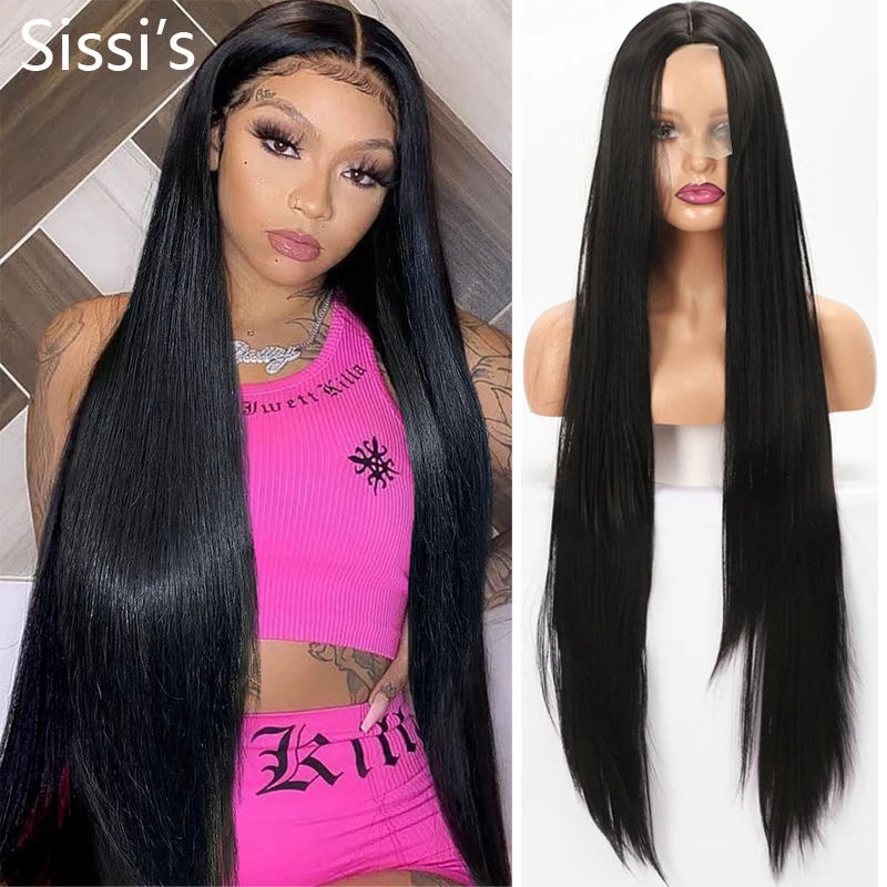 

Black Wig Synthetic Heat Resistant Long Straight Middle Part Line Costume Cosplay Hair 40 Inches Salon Party Hairpieces