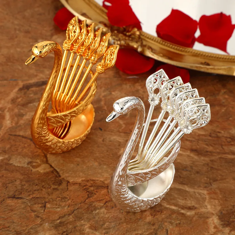 picnic cutlery set western style cutlery set camping cutlery set stainless steel cutlery set cutlery set 7PCS Stainless Steel Creative Dinnerware Set Decorative Swan Base Holder 6 Spoons For Coffee Fruit Dessert Stirring Mixing