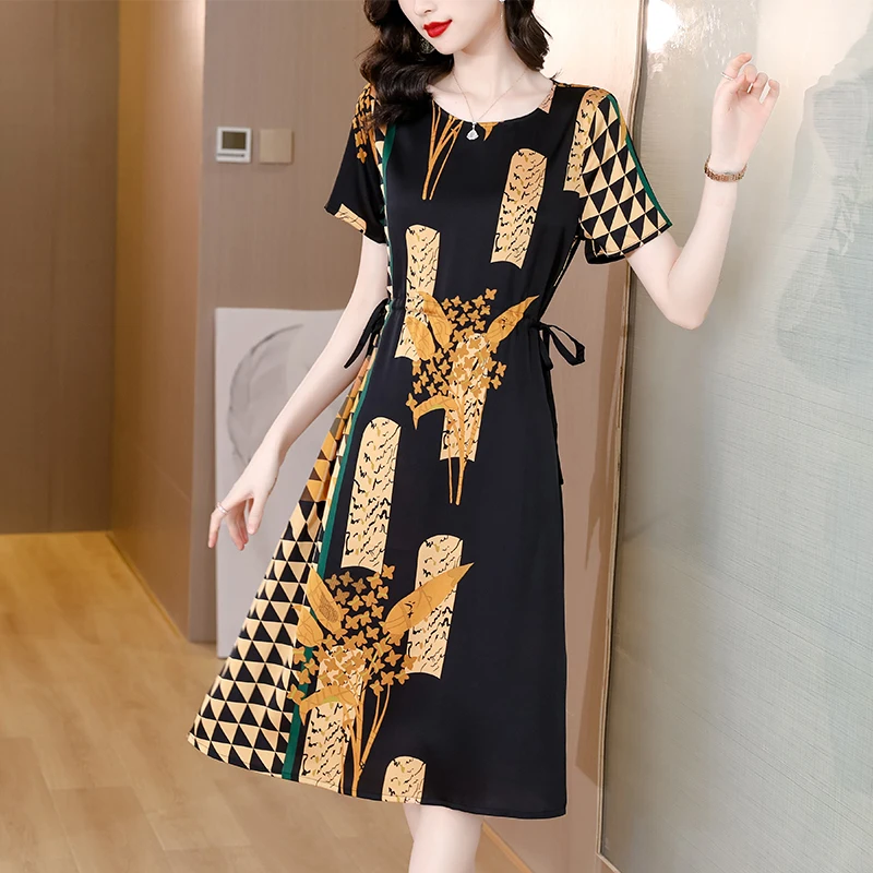 

2023 New Fashion Silk Printed Dress Women's Summer Versatile Round Neck Short Sleeve Loose Fit Casual Holiday Dress Vestidos