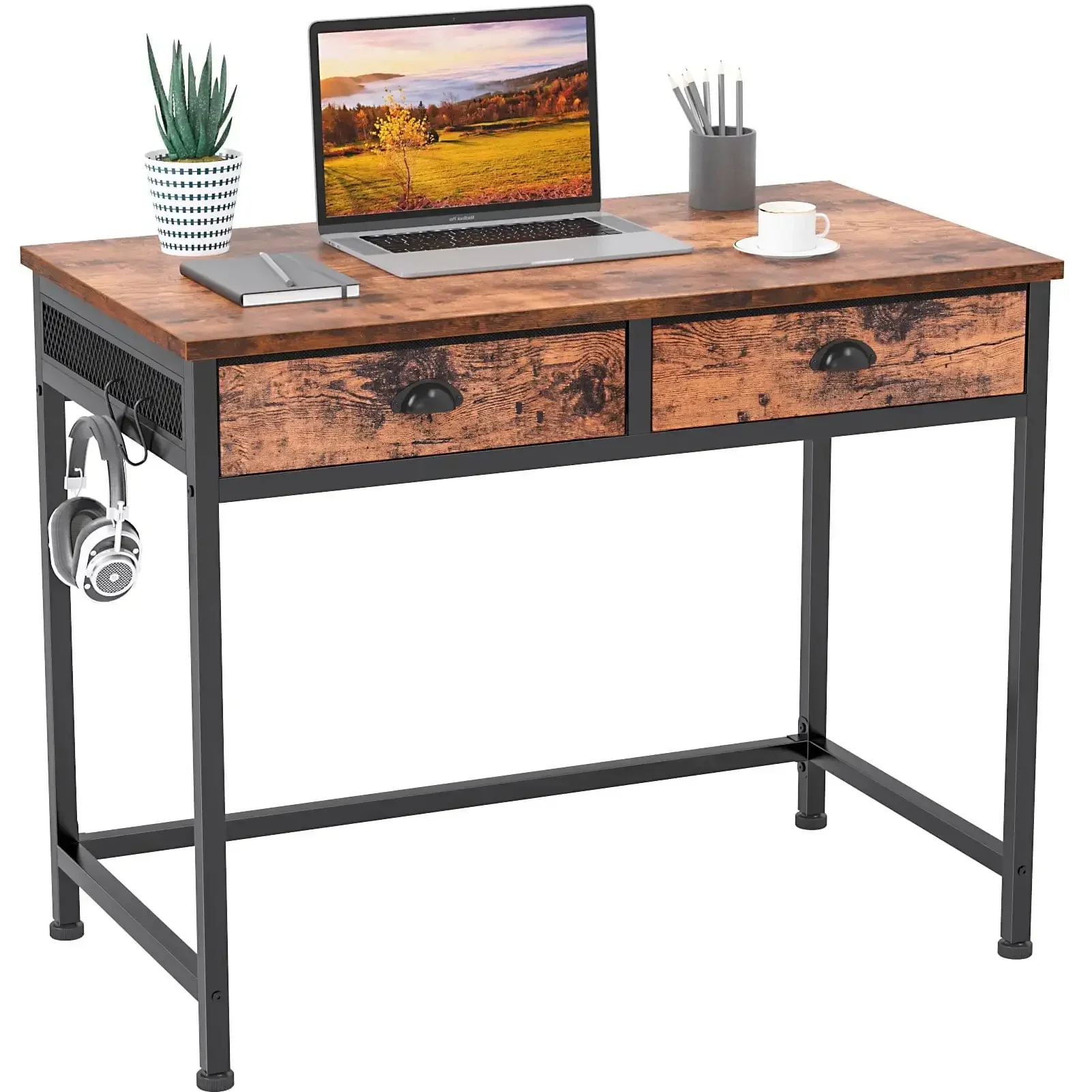 Computer Desk with 2 Fabric Drawers, 36″ Home Office Writing Desk, Vanity Desk with Hooks, Study Desk for Small Spaces, Brown