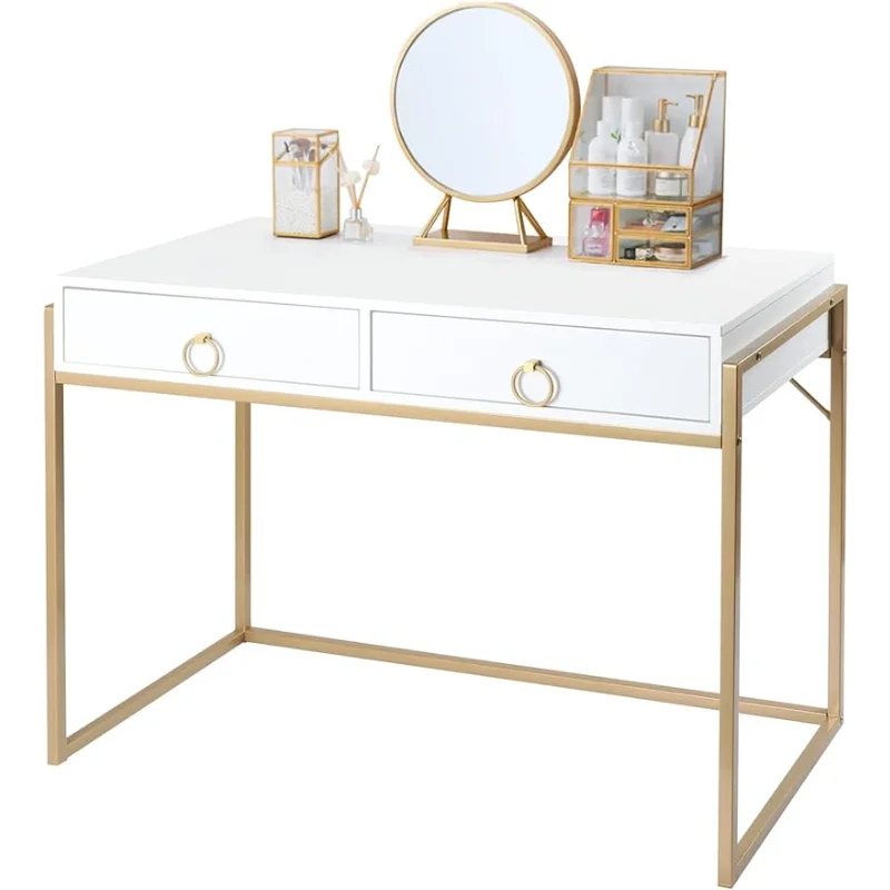 

Anmytek Home Office Writing Desk 2 Drawers Storage, Contemporary Makeup Vanity Table Study Desk, W/Matte White and Gold Fini