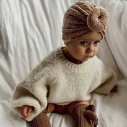 Solid Color Knotted Beanie for Baby Girls Large Bow Turban Infant Beanies kids Thick Warm Outdoor Bonnet Caps Boys Winter Hat