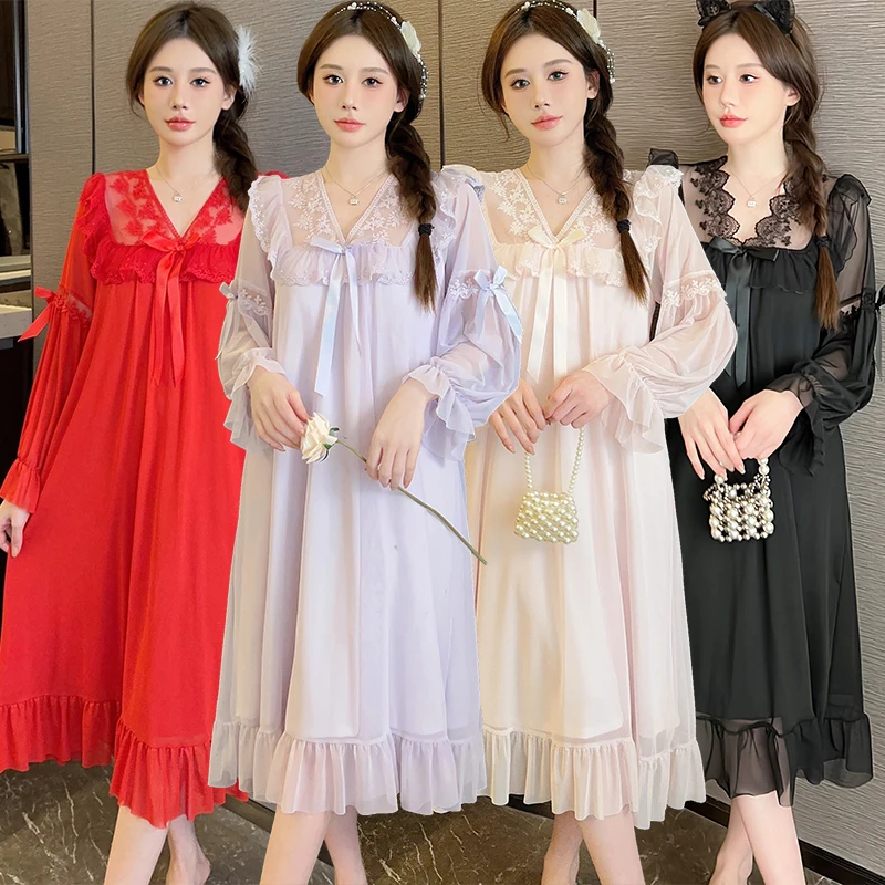 

Женская кружевная ночная сорочка с длинным рукавом и V-образным вырезом