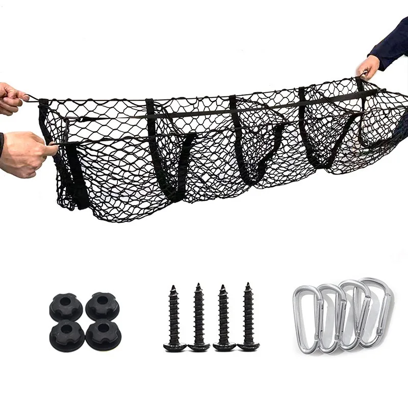 

4 Pocket Cargo Net for Pickup Trunk Bed Organizer Storage with 4 Metal Carabiners＆Holders Stretchable Heavy Duty Storage SUV Van