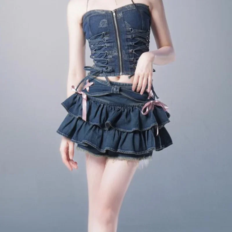 DEEPTOWN 일본 Y2k 데님 미니 스커트, 귀여운 탄성 허리 A라인 패치워크, 섹시한 프릴 청바지, 여름 반바지