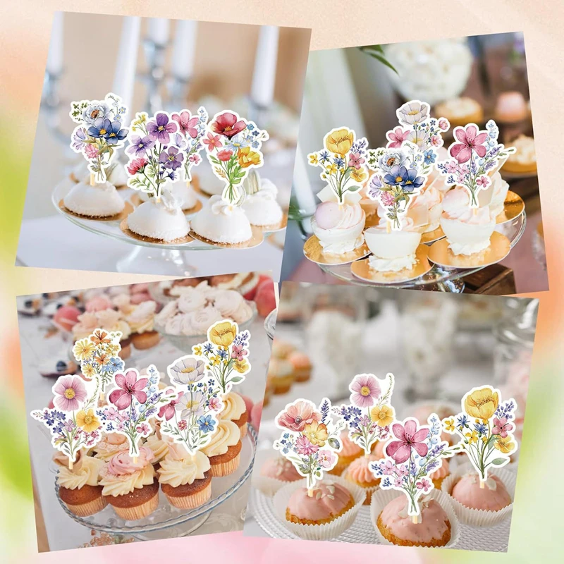 18Pcs Wildflower Cupcake Toppers Boho Floral Cake Toppers for Kids Girls Birthday Party Decoration Supplies Baby Shower Favors