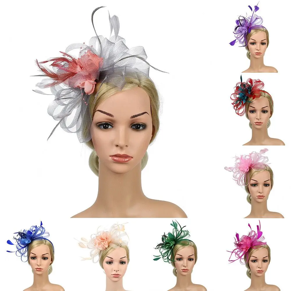 Women Royal Races Wedding  Bride Hair Fascinator Headdress Flower Hairclip Headband Beaded Feather