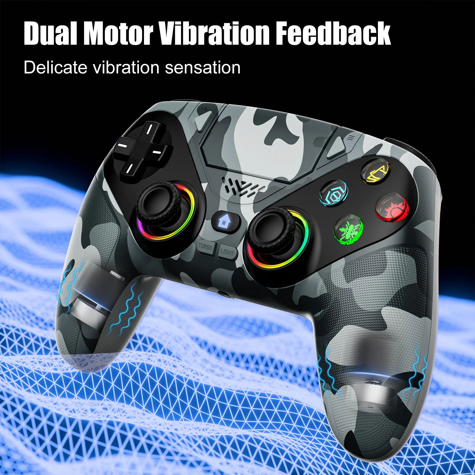 รูปสินค้า จอยเกมไร้สาย RGB สำหรับ PS5 พร้อมฟังก์ชัน Turbo และ Marco