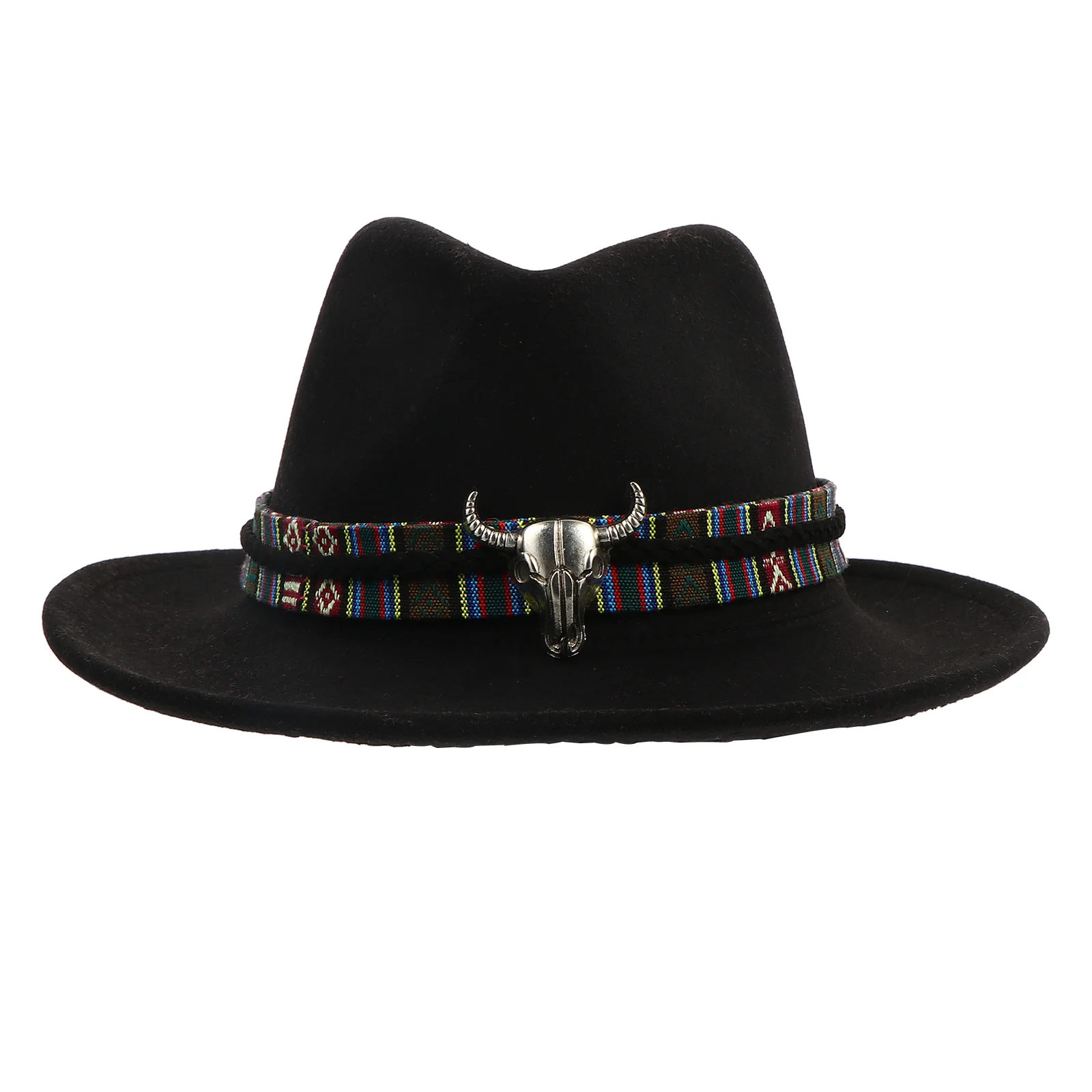 Western Flat Fedora Hat: Fashionable Men Fedora Hat Classic Vintage Felt Wide Hat Cap with Bull Decor Panama Jazz Hat