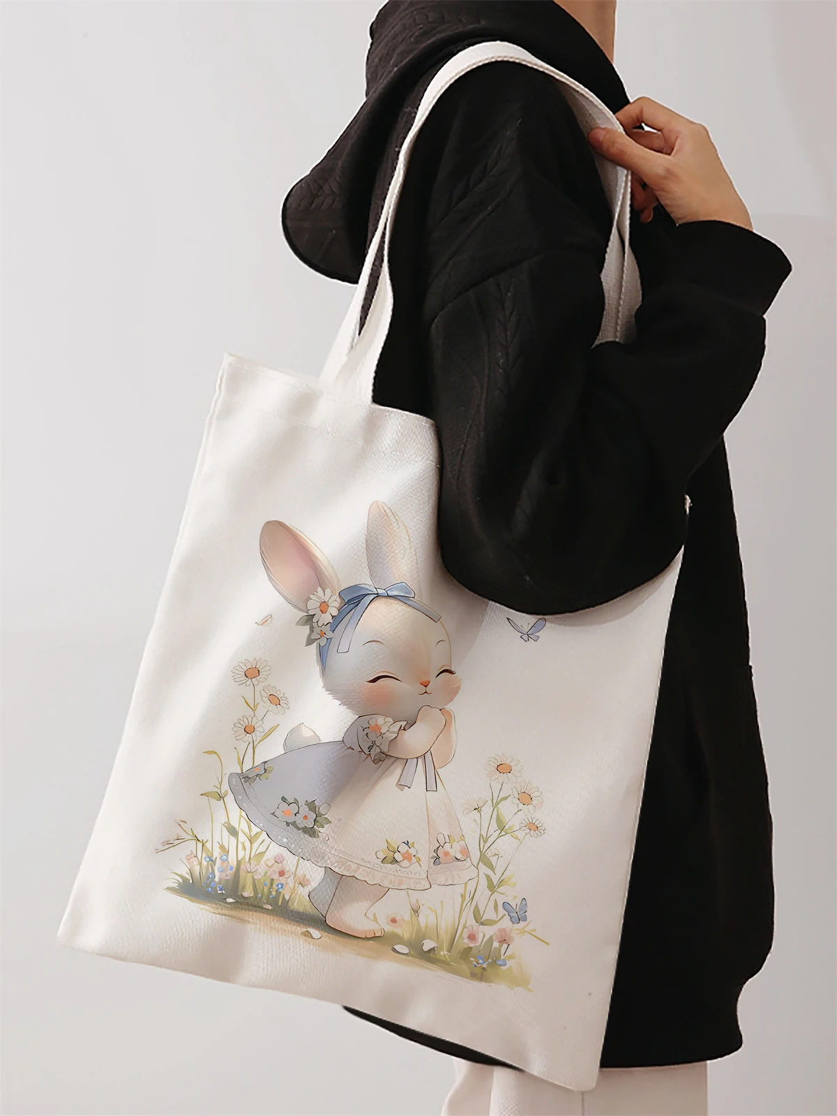 Rabbit pattern printed casual handbag, reusable fashionable backpack, multifunctional handbag, canvas shopping bag