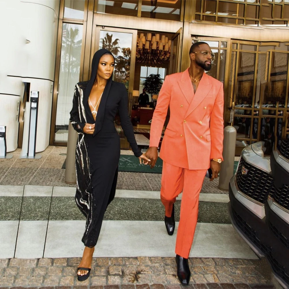 

Handsome Orange Suits For Mens Gentleman Double Breasted Business Blazer Wedding Groom Tuxedo 2 Piece Jacket Pants Costume Homme