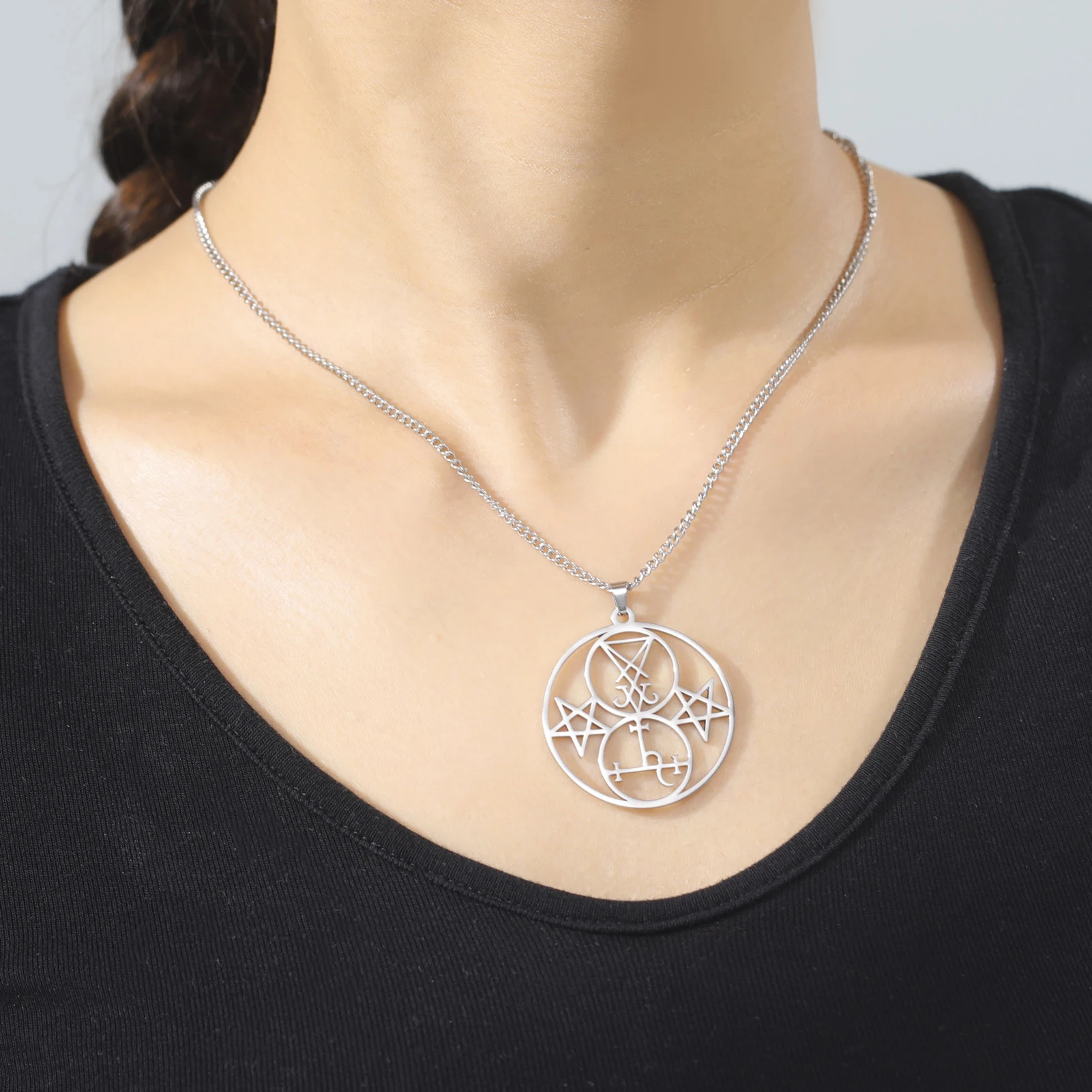 Sigil of Lucifer Lilith Pendant Necklace - Stainless Steel Satanic Pentagram Amulet
