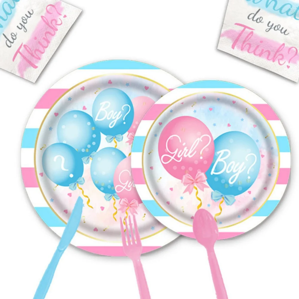 Pink Gender Reveal Theme Disposable Party Paper Tissue Paper Plate Tableware Set Birthday Party Cup Supplies 16 Servings
