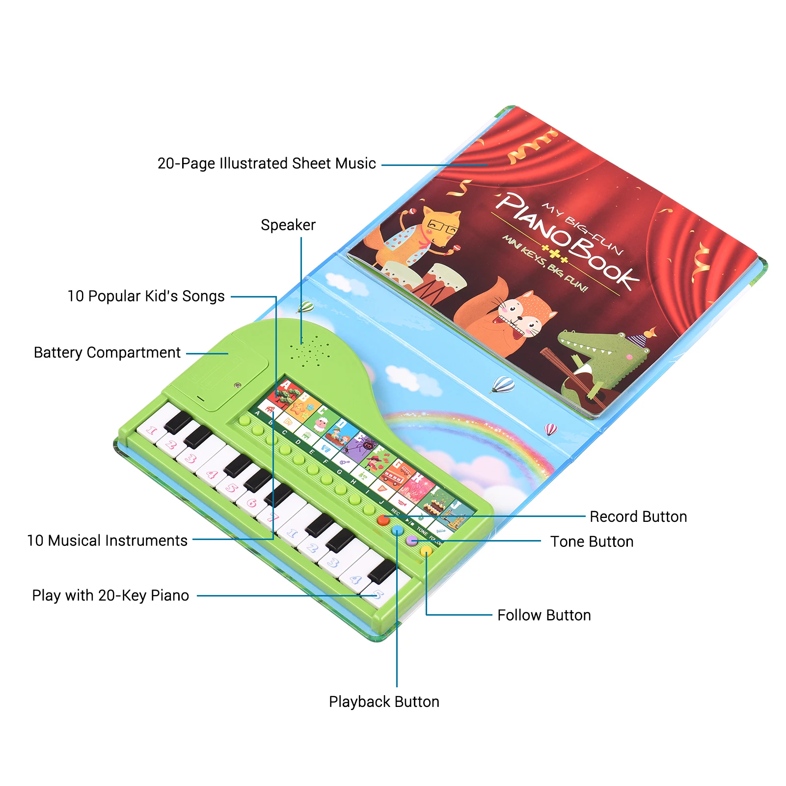 20-key Piano Book Electronic Piano Keyboard & Music Book 2-in-1 Songbook Educational Musical Gadget for Kids Bigfun
