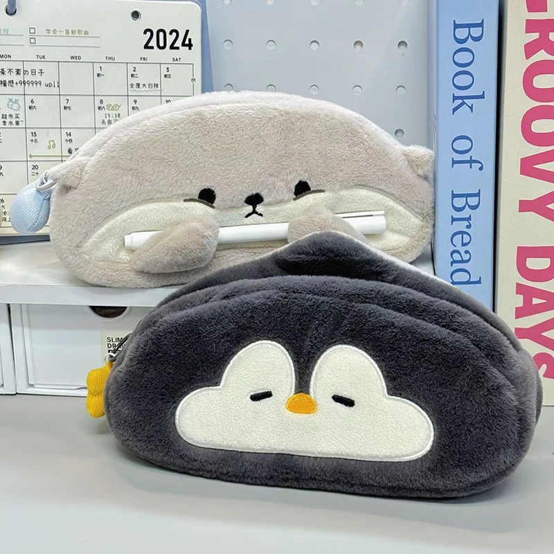 Cute Little Otter Penguin Plush Pen Bag Large Capacity Kawaii Pencil Case Stationery School Supplies Stationery Bag pencil cases pen storage bag stationery box