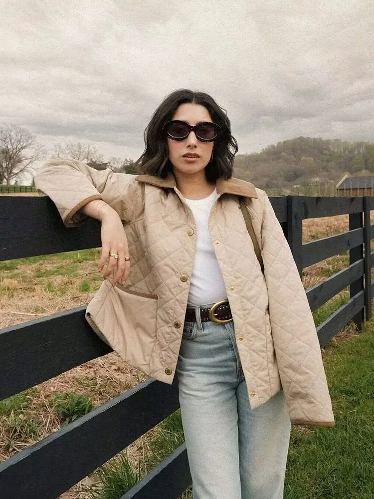 HH Women Casual Contrast Color Quilted Coat Single-Breasted Long Sleeve Jacket Elegant Woman Autumn Winter Maternity Outwear