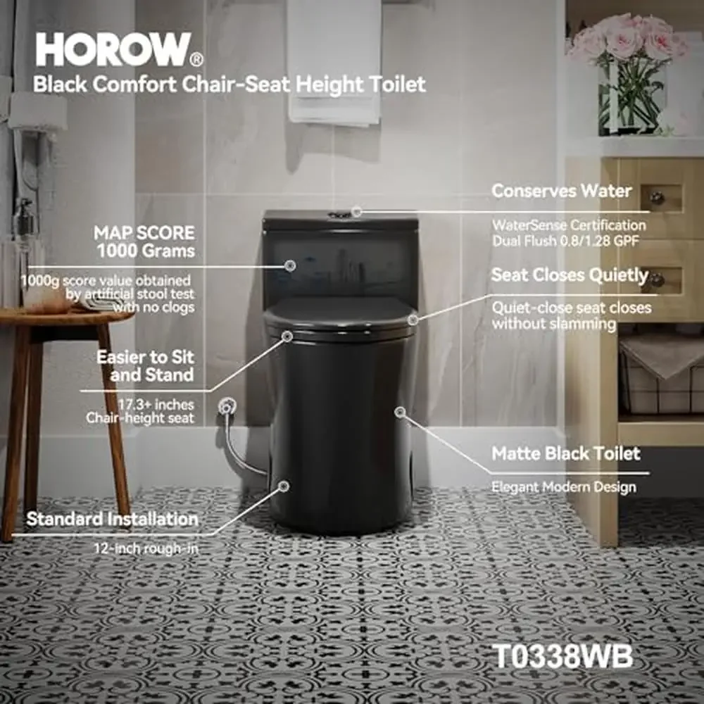 Compact Elongated Black Toilet 17.3" ADA Chair Height Dual Flush 1000g Soft Close Seat 3