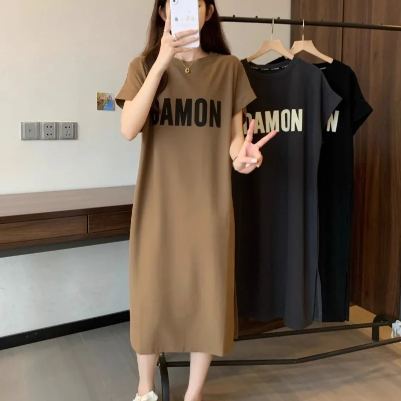 Women's Loose Letter Print T-Shirt Dress Summer Casual Short Sleeve Midi Dress Oversized Streetwear Female Long Dress 4