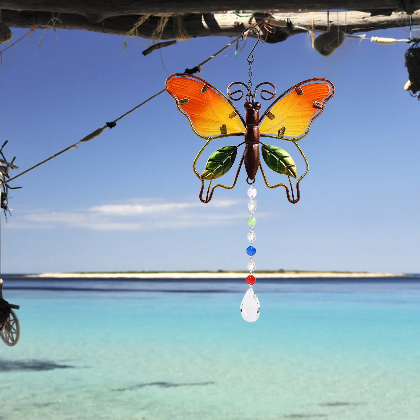 Metal Butterfly Suncatcher Crystal Ball Hanging Pendant For Windows Ornaments Home Party Decor Outdoor Garden Yard D