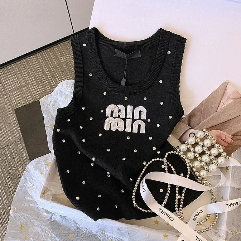 

Women's Oversized Heavy Beading Letter Embroidery Tank Top, Summer Vest, O-Neck, Sleeveless, Knitted T-shirts, New, M2024