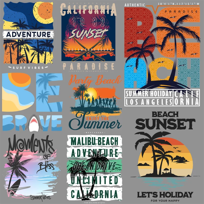 Summer Sunset Letter Palm Tree Beach Surfing Iron On Transfer Patches for Clothing DIY T-shirt Applique Decor Stickers on Fabric