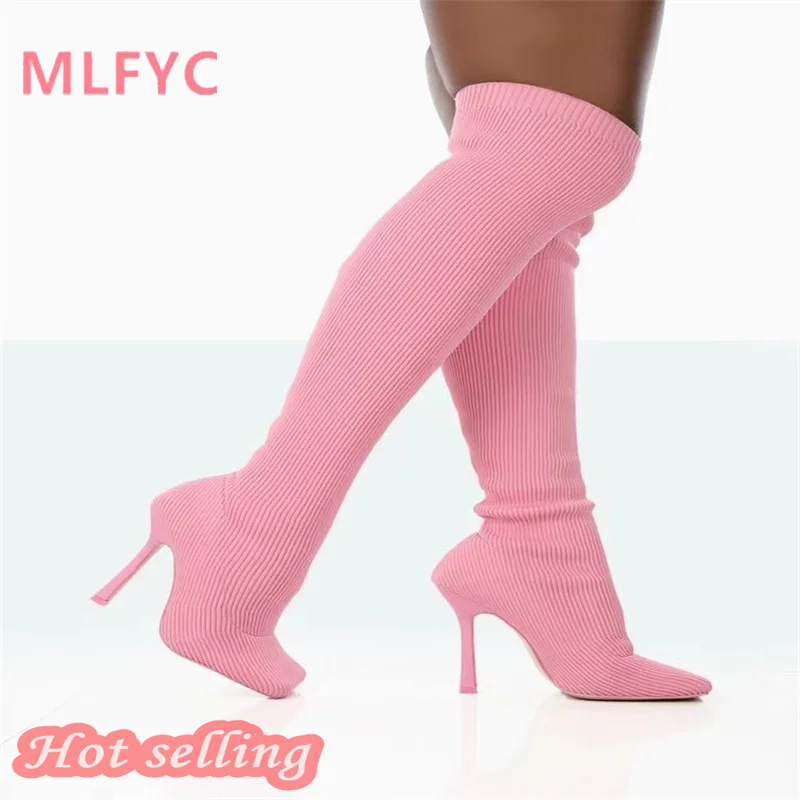 Knee length boots for women's autumn and winter new large knitted sexy high heel sleeve elastic boots and socks boots