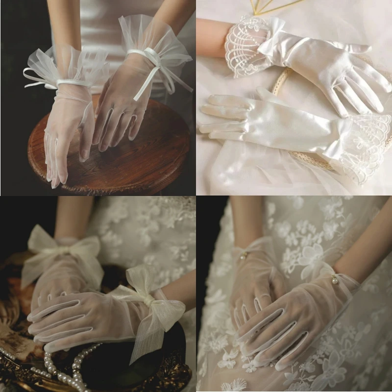Wedding Dress Lace Gloves Short White Pearls Ruffle Edge Women Bride Bridesmaid Finger Wrist