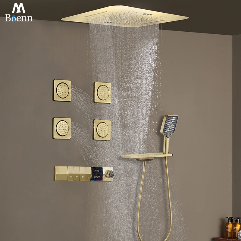 

M Boenn Brushed Gold Bathroom Faucets Smart Digital Display Thermostatic Shower System Set with Body Jets Music LED Shower Head