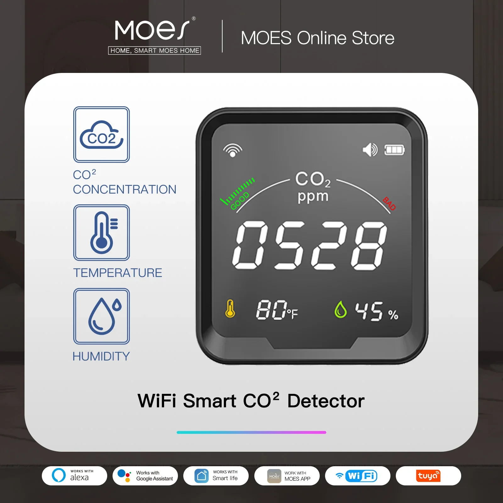 

MOES Air Quality Carbon Dioxide Detector with Alarm Clock,Temperature Monitor,Humidity Air Tester,WiFi/BT,Tuya Smart,3 in 1,CO2