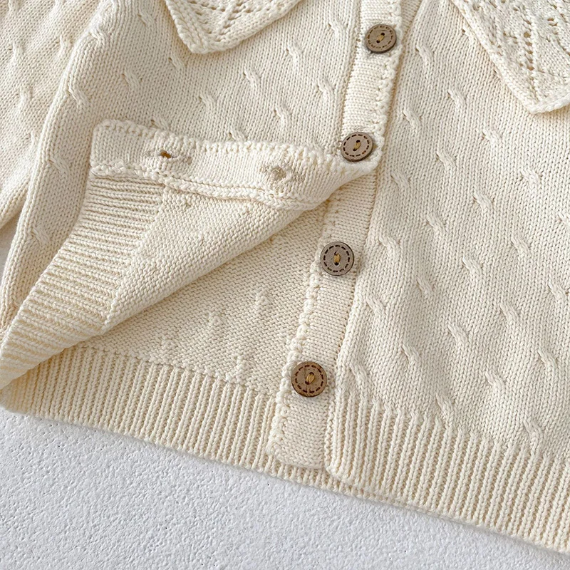  여아 긴 소매 솔리드 컬러 할로우 아웃 니트 의류 세트 및 롬퍼, 0-3 세 가을 어린이 세트