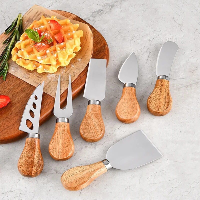 4/6-piece Exquisite Cheese Knife Gift Set Rubber Wood Handle Stainless Steel Cheese Slicer Butter Knife Cutter Collection