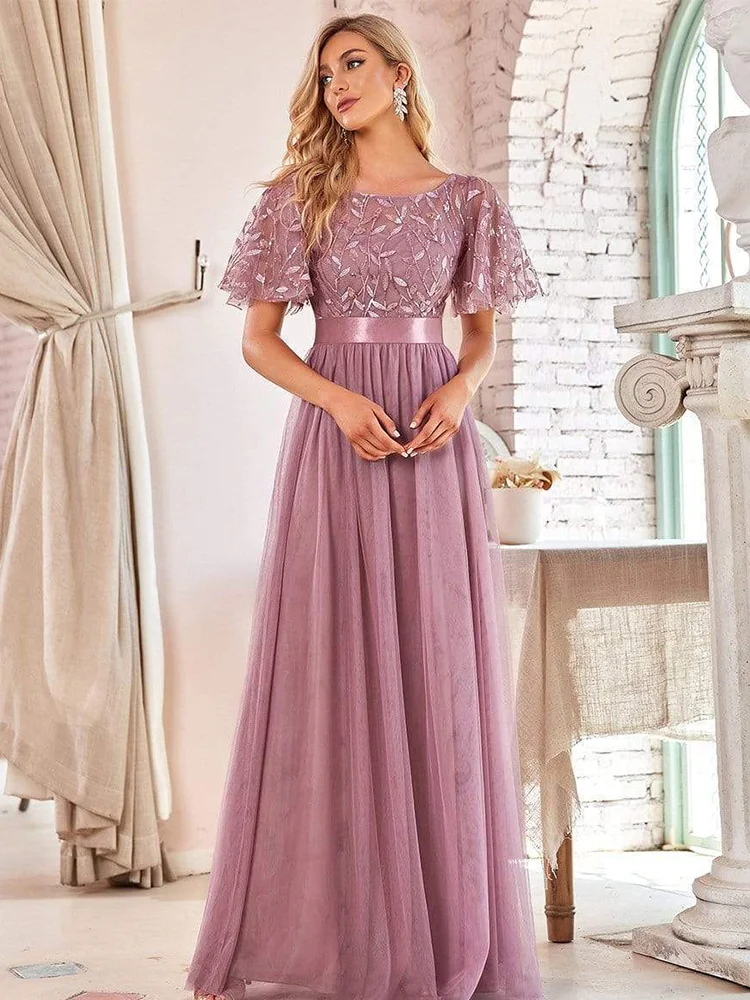 

Sparkling Evening Dress Stunning Maxi Long Prom Gowns Dress uffle Sleeve Patchwork Evening Dress Sequin Mesh Formal Dress