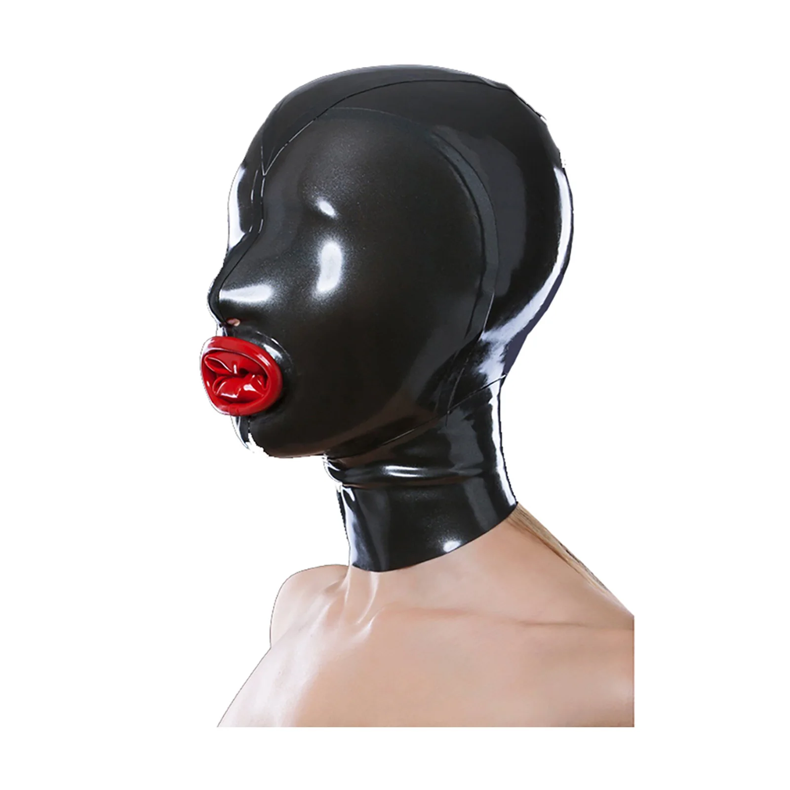 

MONNIK Latex Hood Black Unisex Mask with Red Oral Sleeve Rear Zipper Handmade for Fetish Catsuit Cosplay Party Clubwear