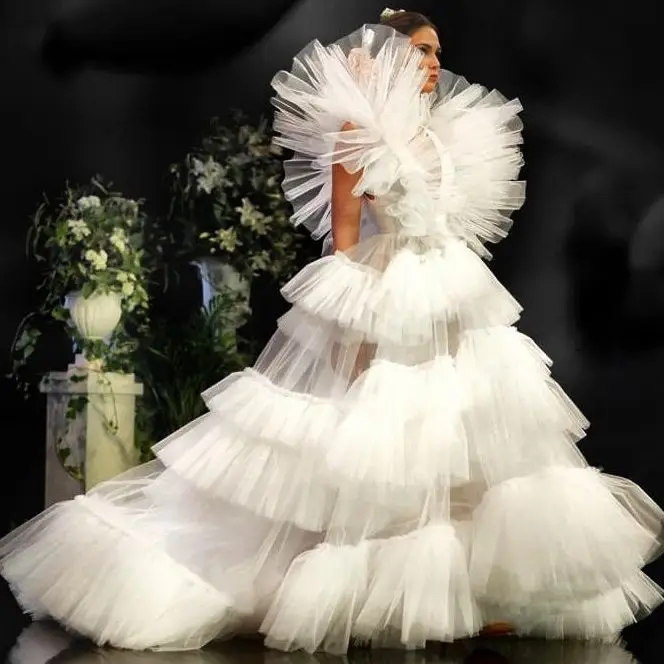 

Elegant White Dress Ruffle Tiered Prom Dress See-Through Floor Length Pleated Tulle Dress Prom Dresses 2023 Luxury Mesh Robe
